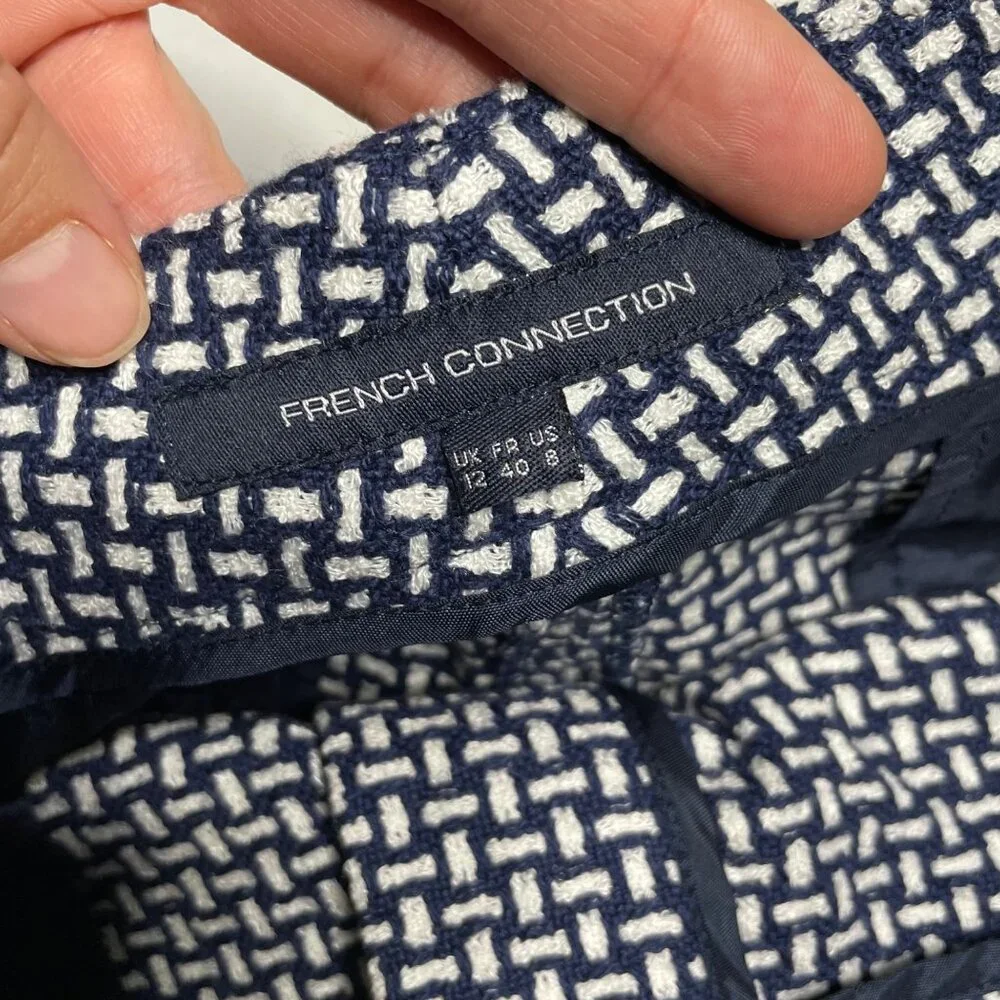 French Connection Bonser Check Shorts Size 8 Navy Blue and White High Rise